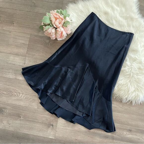 New Ralph Lauren Navy 100% Silk Flowy Midi Skirt 12 Petite - Picture 2 of 4